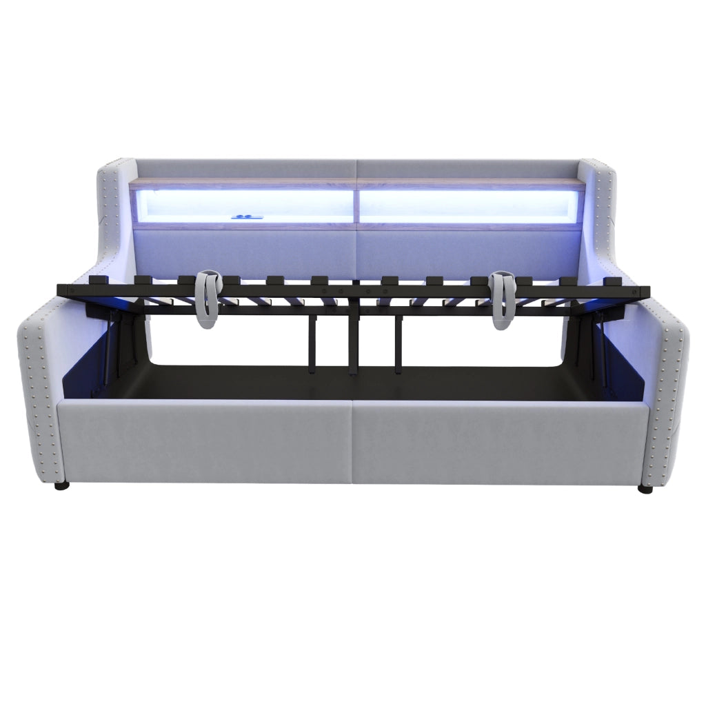 Divano letto 90x200 cm; contenitore idraulico e LED; velluto grigio chiaro