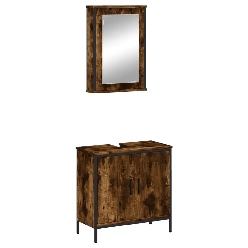 Set Mobili da Bagno | Armadio da bagno 2 pz Rovere Fumo in Legno Multistrato