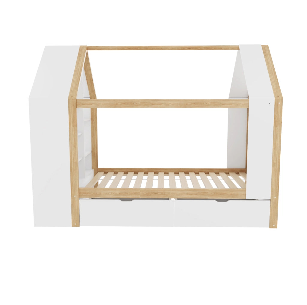 Letto bambini a forma di casa 90x200 cm con LED; 2 cassetti; in legno massello e MDF; bianco e naturale