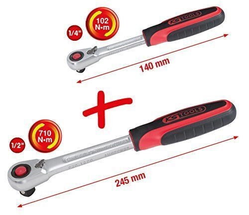 KS TOOLS 920.0002 Serie di Leve a Cricco Slimpower 2 Pezzi 1-4'' + 1-2'' Meccanismo 72 Denti Testa Sottile Sgancio Rapido Impugnatura Ergonomica Bi-componente colore Cromato