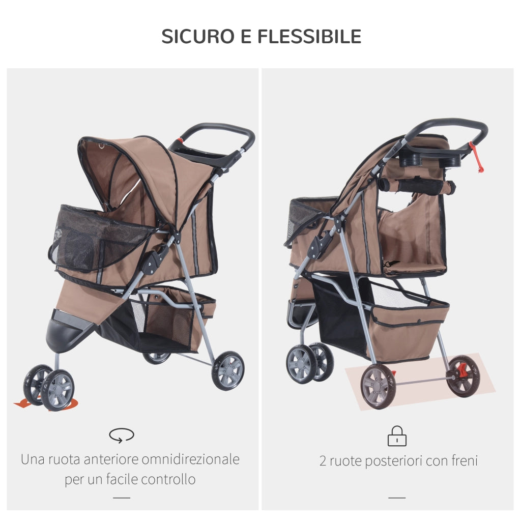EasyComfort Passeggino per Cani Piccoli Pieghevole, Carrozzina per Cani con Ruote con Freni, Portabicchieri, Cestino Portaoggetti e Imbottitura Rimovibile e Lavabile, per Animali Domestici 10 kg, Caffè