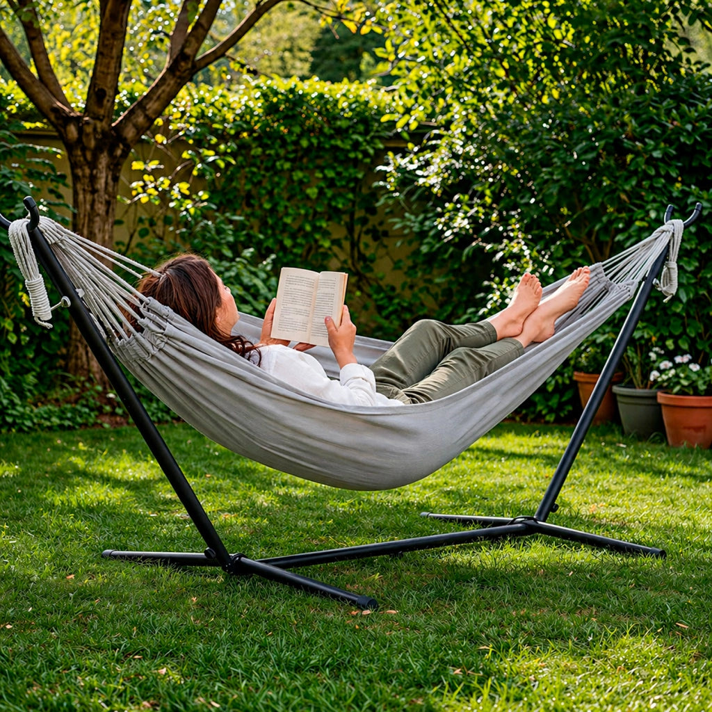 Amaca Da Giardino Con Supporto In Acciaio Portata 200 Kg Altezza Regolabile Telo Cotone Resistente Amaca Brasiliana Esterno Terrazzo Piscina Balcone Con Borsa 265 x 110 x 100 Cm Grigio