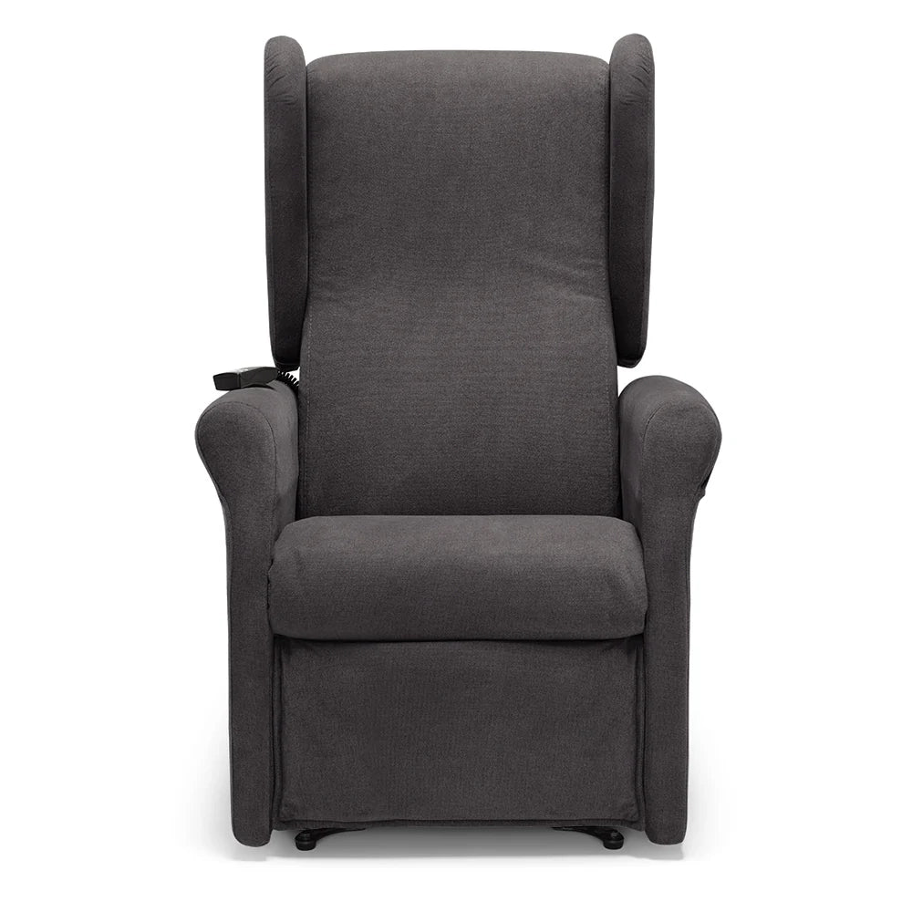 Poltrona relax elettrica PISA MADE IN ITALY per anziani e disabili, 2 motori, 4 ruote, Kit Batteria, reclinazione e alzapersona, Tessuto Antimacchia, colore Grigio
