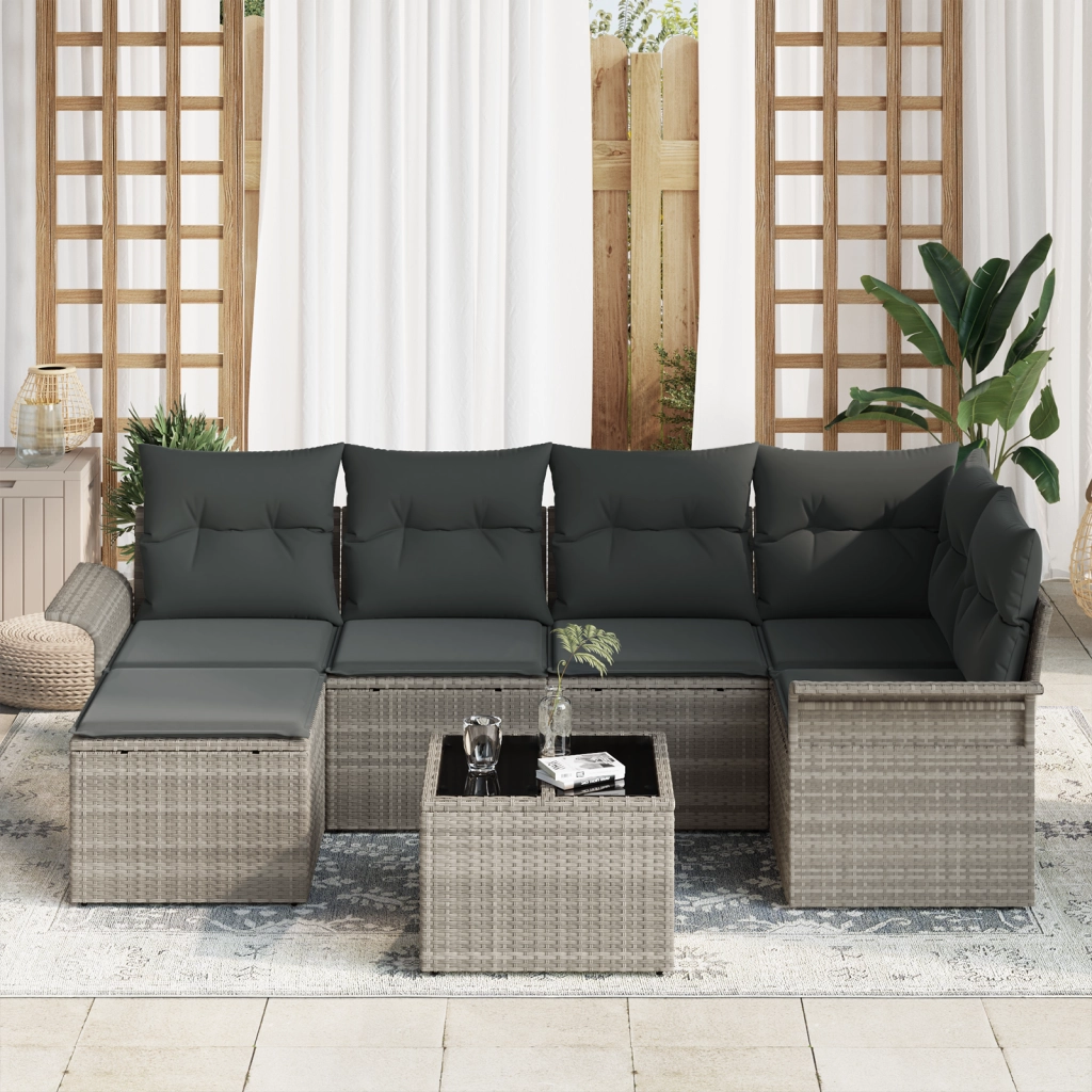 Set di divani da giardino 7 pezzi con cuscini grigi in polirattan