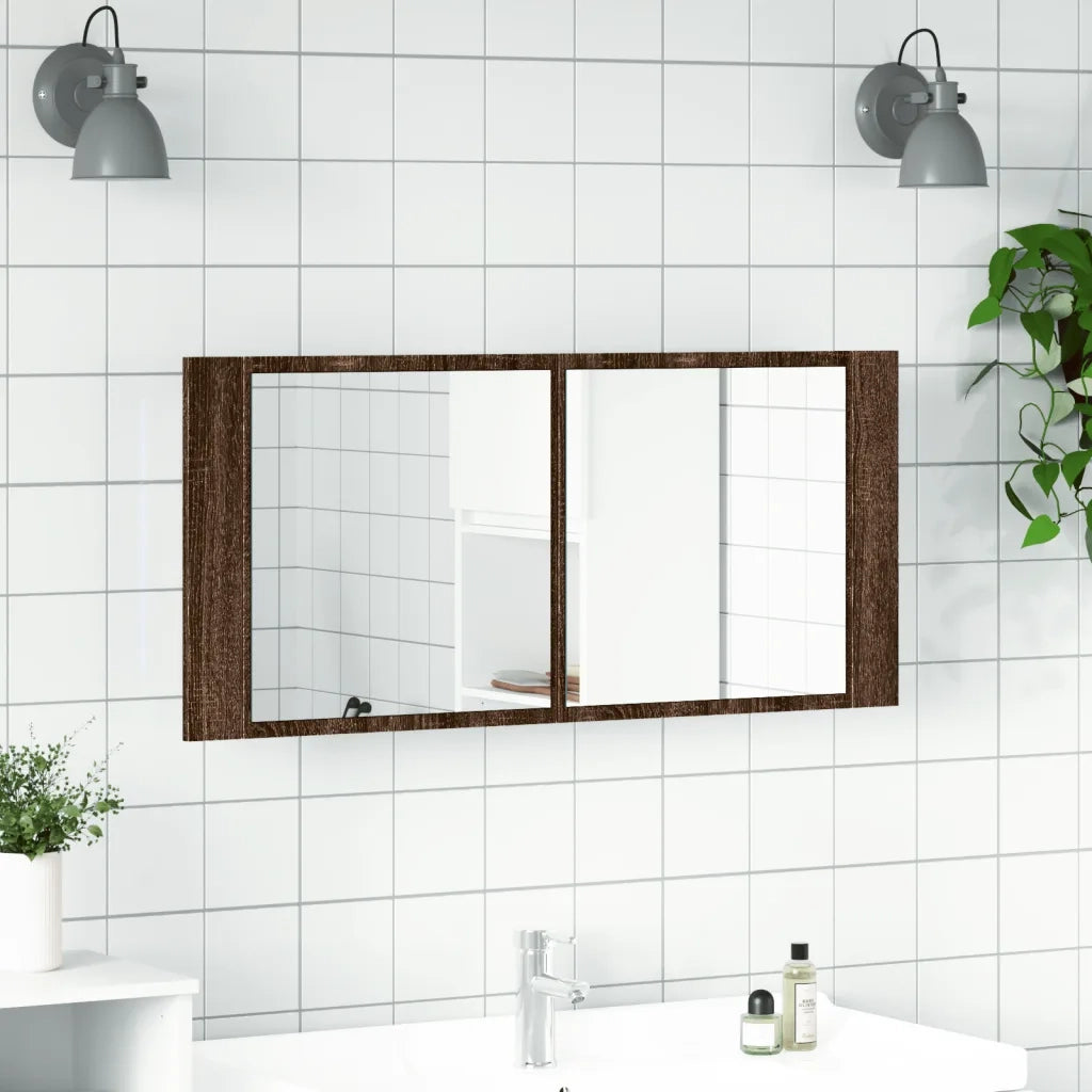 Armadietto Specchio con LED da Bagno-Mobile bagno con specchio Rovere Marrone 100x12x45cm