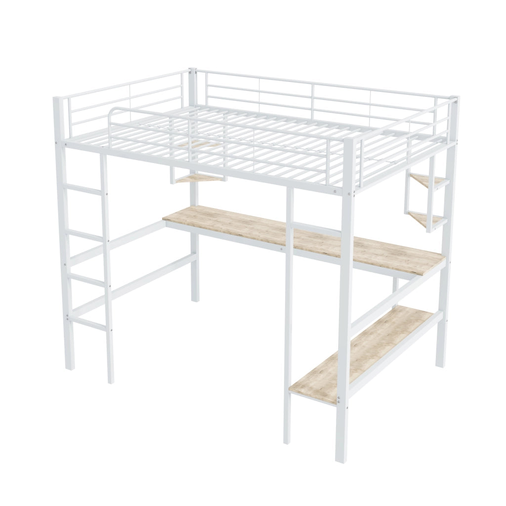 OKWISH Letto a Soppalco 140×200 cm, Letto Matrimoniale con Scrivania, 4 Mensole e Libreria, senza Materasso, in Metallo e MDF, Bianco