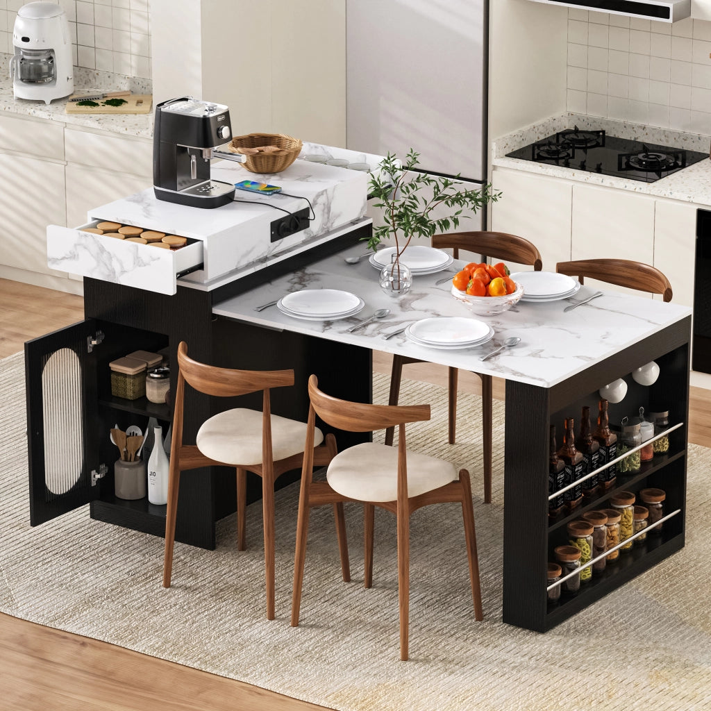 Isola da Cucina con 1 Cassetto; 1 Anta in Vetro; Piano Ribaltabile e Prese; in MDF e Vetro; Nero
