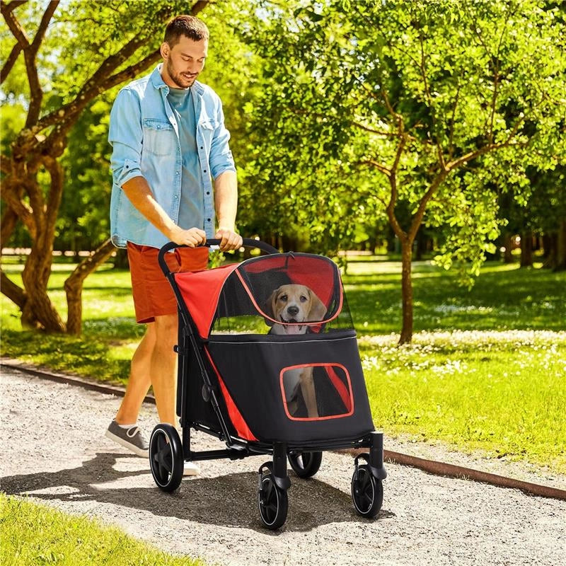 PASSEGGINO PER CANI PIEGHEVOLE CON INGRESSI A CERNIERA E FINESTRE A RETE 112X65X100 CM NERO E ROSSO