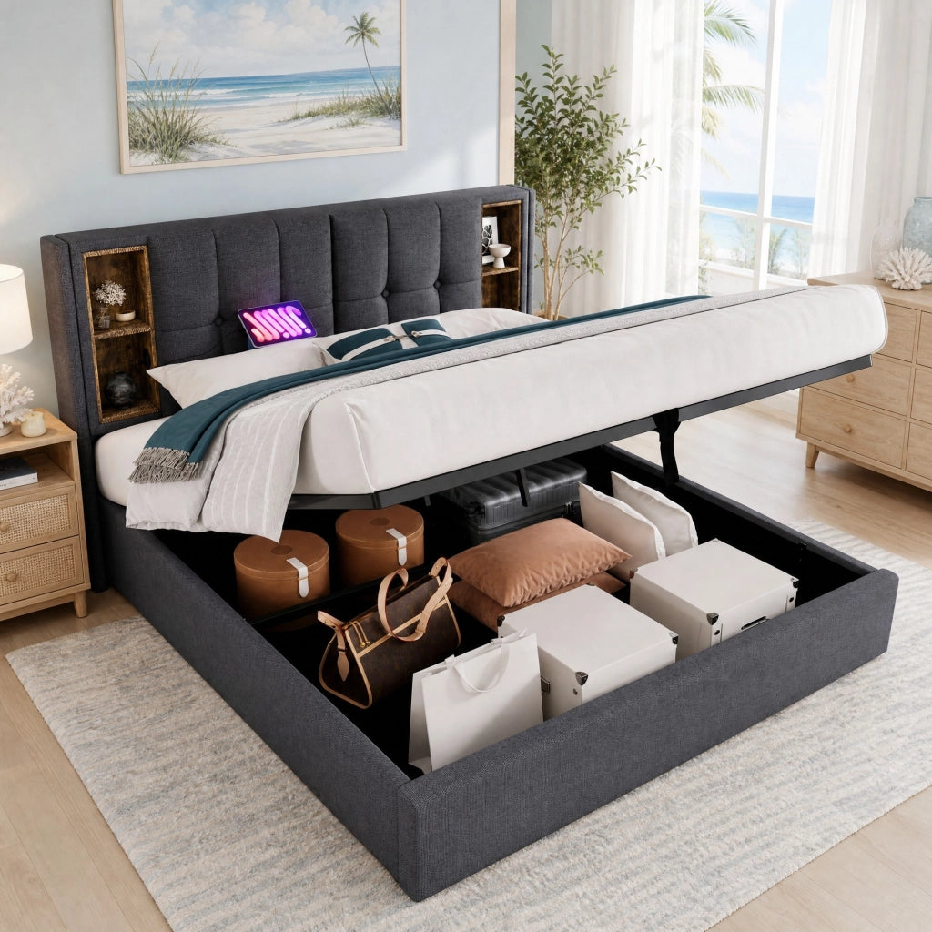 Letto matrimoniale imbottito 180x200 cm grigio con ricarica wireless; USB e contenitore