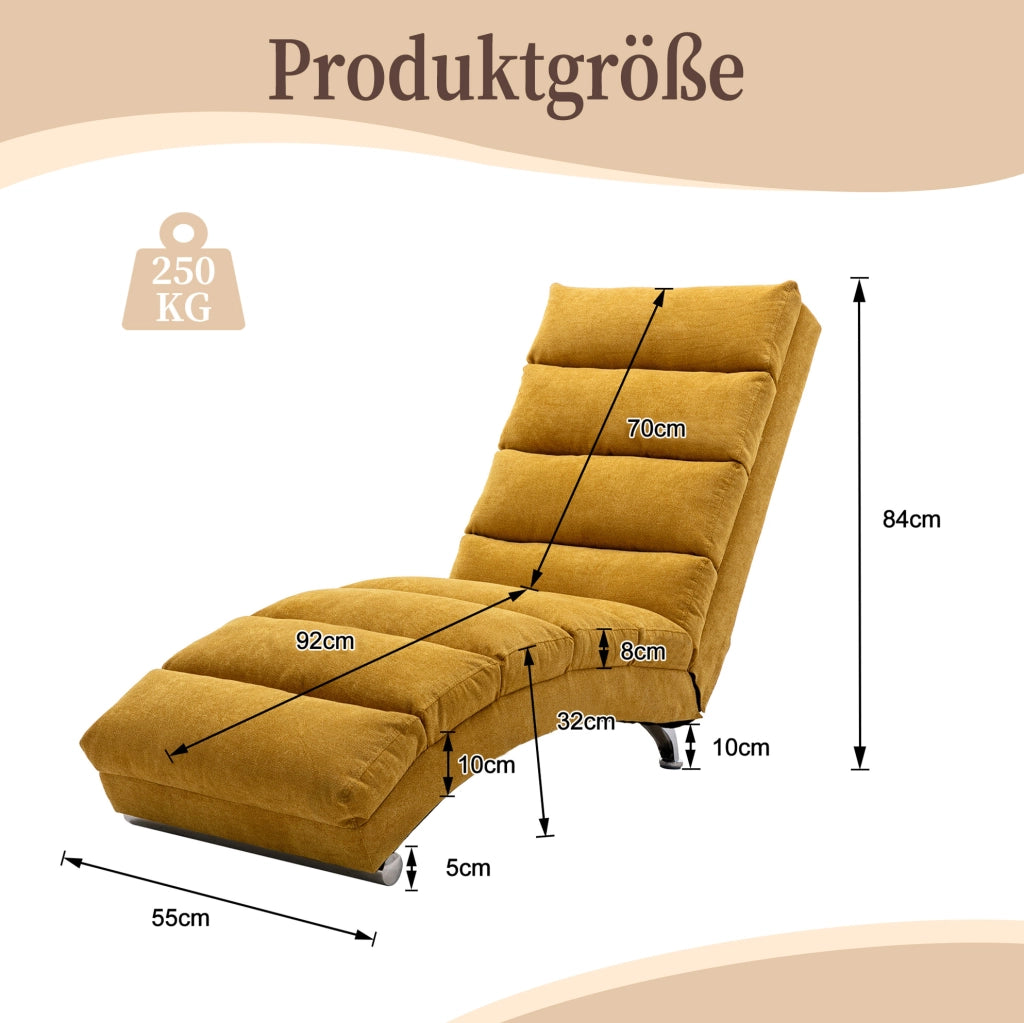 Chaise longue relax con vibrazione; schienale ergonomico 140°; 55x148x84 cm; lino giallo senape