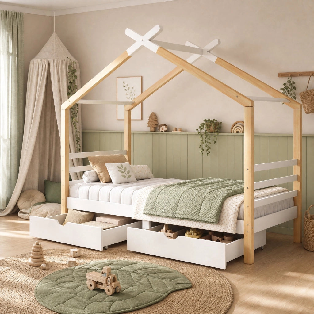 Letto a casetta per bambini con cassetti 90x200 cm; in pino massello e MDF; bianco