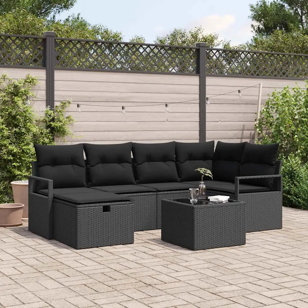 Set di divani con cuscino con archiviazione Nero polyrattan