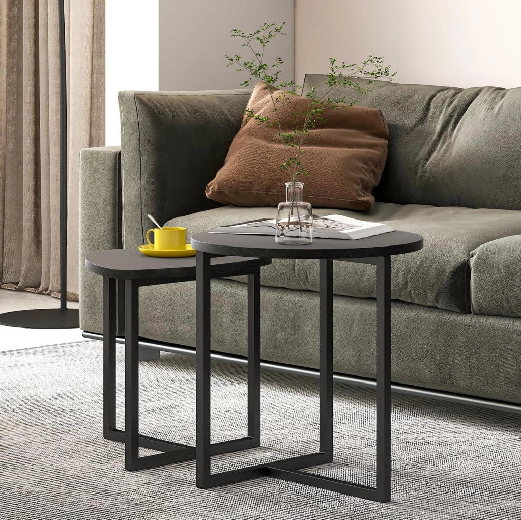 Set 2 tavolini a cuore neri 45x48 cm; impiallacciatura legno e metallo