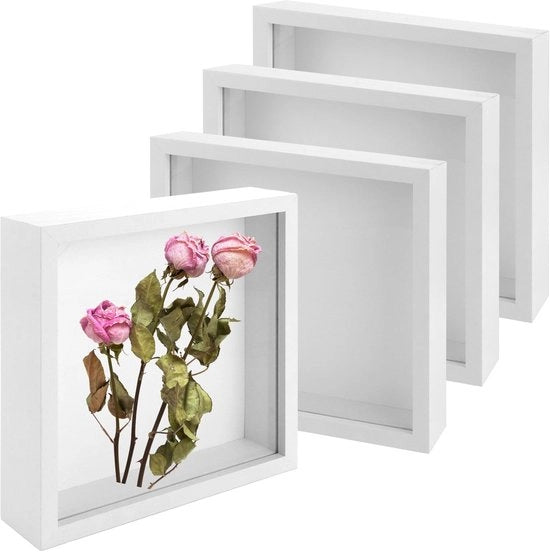 Scatola per fotografie 3D - 4 pezzi - Supporto per oggetti profondo - 20 x 20 cm - Cornice in vetro - Translucido - MDF e vetro