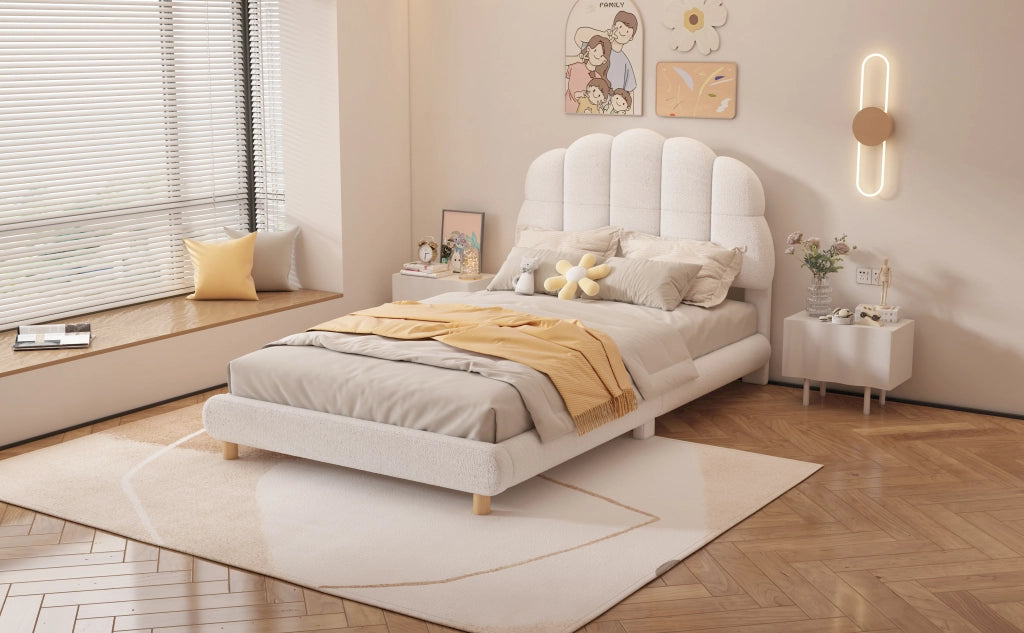 DESMIU Letto per bambini 90 × 200 cm 1 posto con testiera imbottita, senza materasso, in tessuto peluche e MDF, bianco