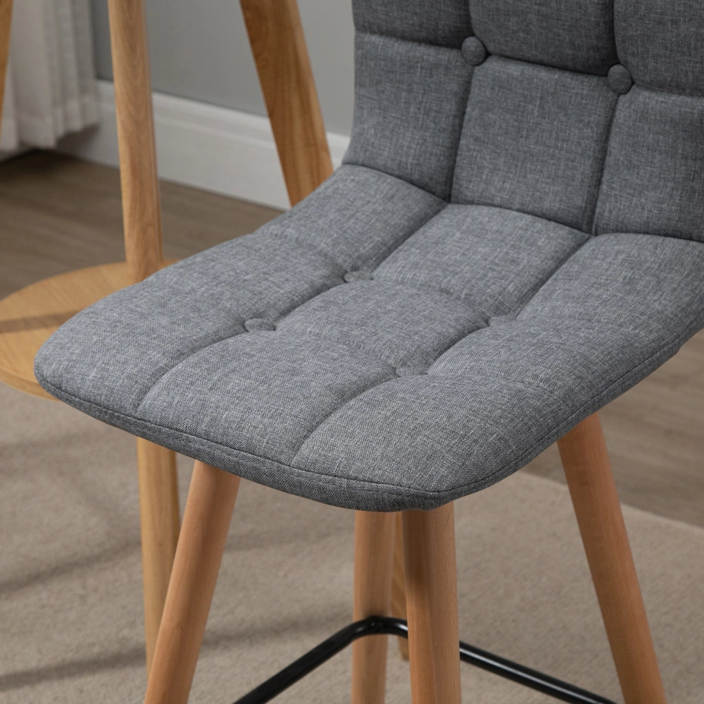 EasyComfort Set 2 Sgabelli Alti da Bar Moderno con Schienale e Poggiapiedi, Seduta Imbottita in Tessuto e Gambe in Legno, Grigio