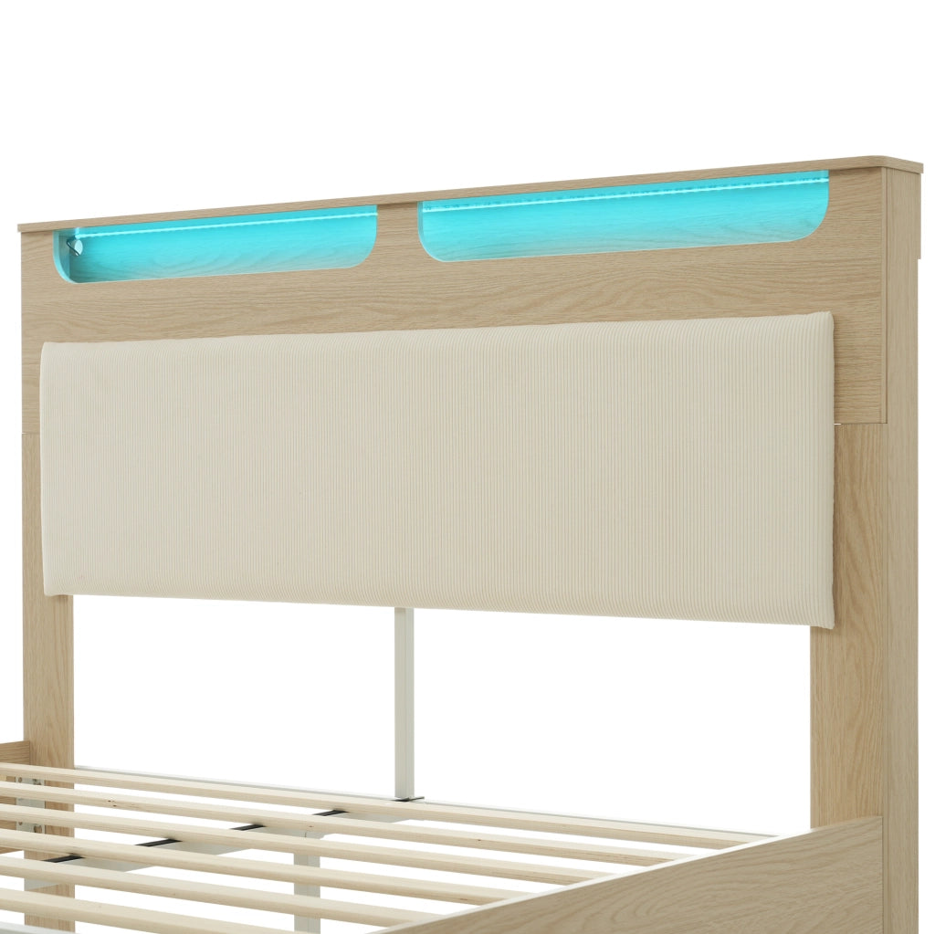 Letto matrimoniale 140x200 cm in legno effetto rovere chiaro con testiera imbottita in corda beige e LED