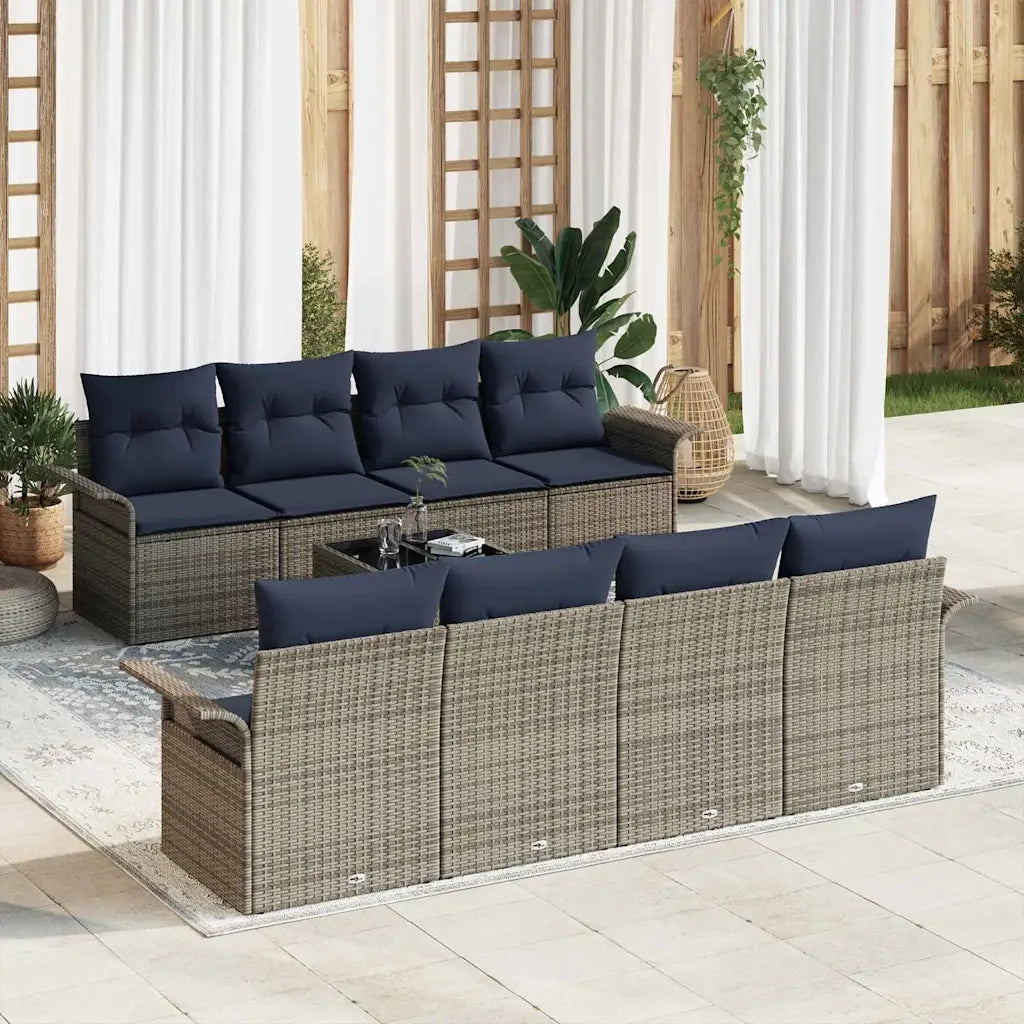 Set Divano da Giardino 9 pcs Grigio e Blu Navy polyrattan
