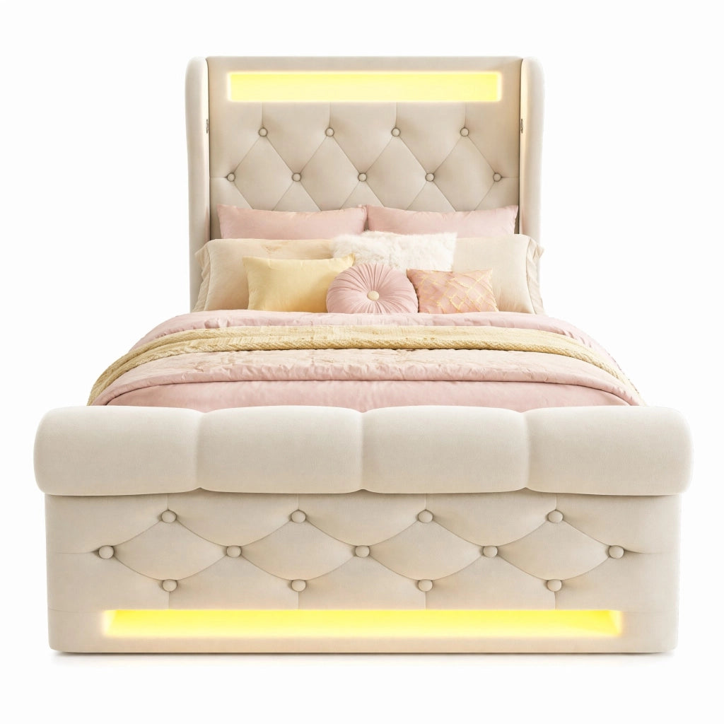 Letto imbottito con contenitore 90x200 cm in velluto beige; LED integrato e prese USB Type-C