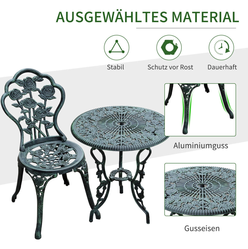 Set bistrot da giardino 3 pezzi con tavolo e 2 sedie in ferro verde antico