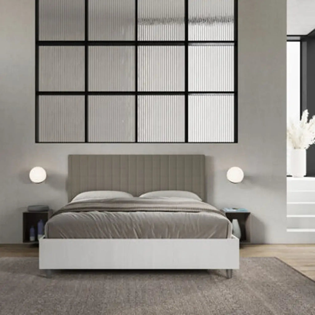 Letto matrimoniale contenitore 160x200 bianco frassino testata similpelle cappuccino Burmy