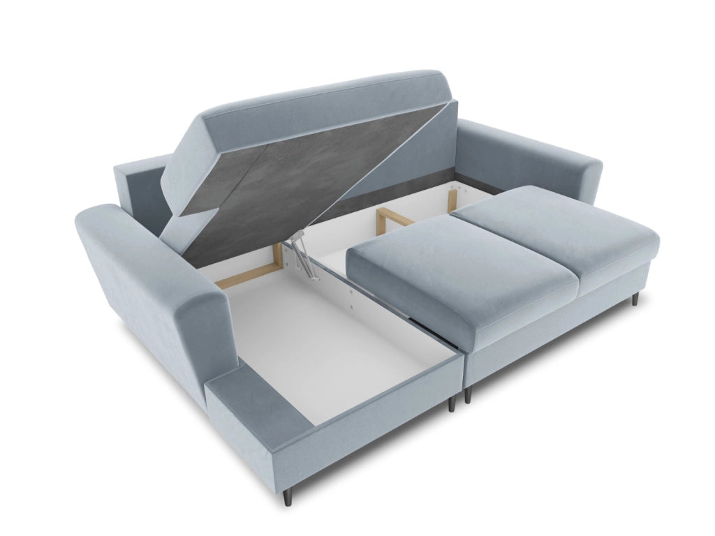 Cosmopolitan Design - Divano convertibile angolare sinistro con contenitore "Kyoto" 4 posti in velluto azzurro 