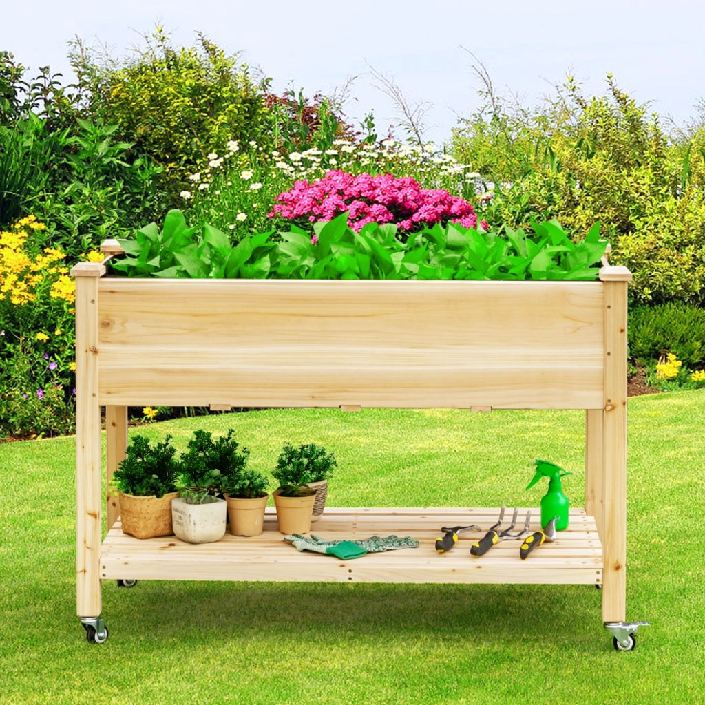 Letto da giardino rialzato con ruote bloccabili capienza e rivestimento protettivo, Fioriera mobile in legno-Fioriere