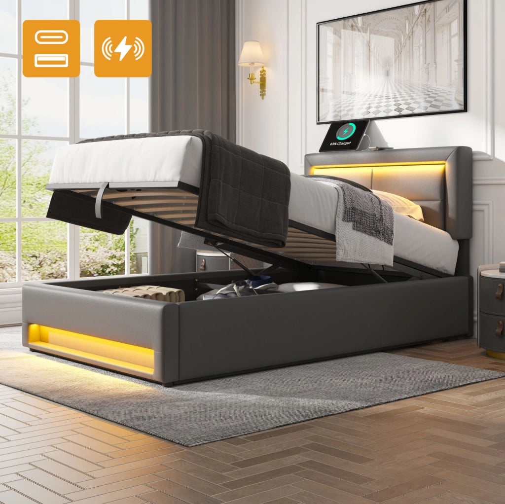 Letto imbottito 90x200 cm in PU grigio con USB; LED e contenitore; senza materasso