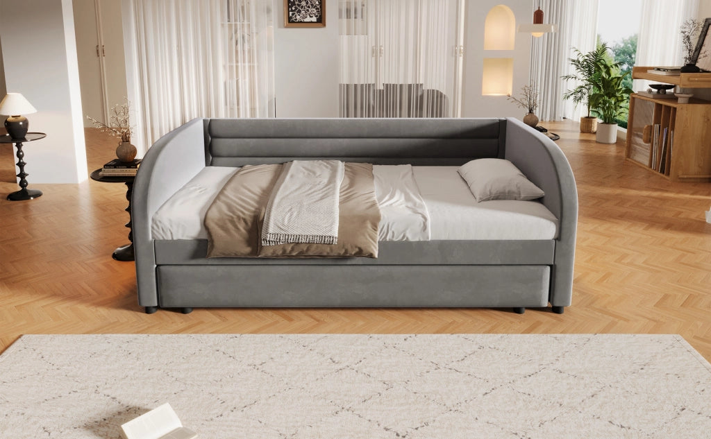 Letto singolo 90x200 in velluto con letto estraibile e LED, Grigio