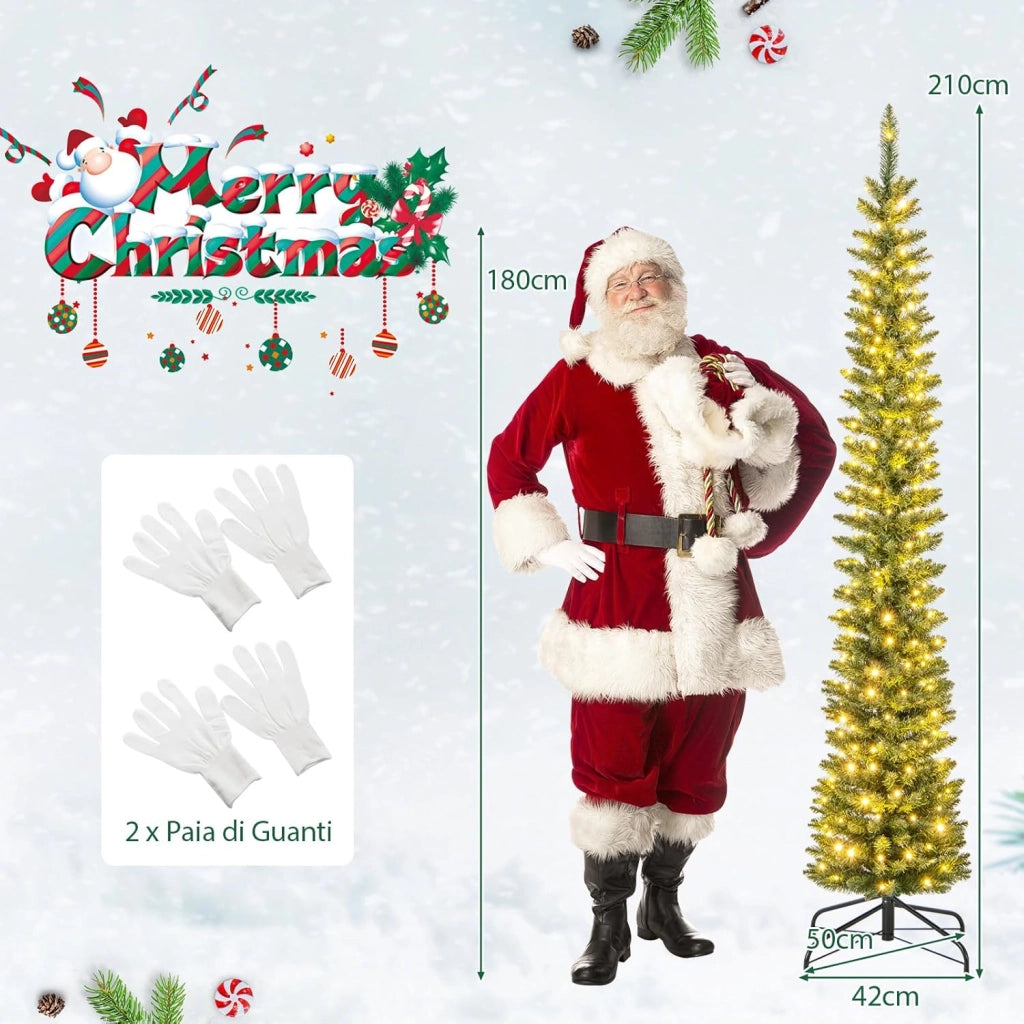 Albero di Natale Slim da 150/180/210 CM, Albero di Natale Artificiale con 296/390/499 Punte di Ramo, 150/180/200 Luci LED Bianche Calde, Supporto Pieghevole in Metallo (210 cm)