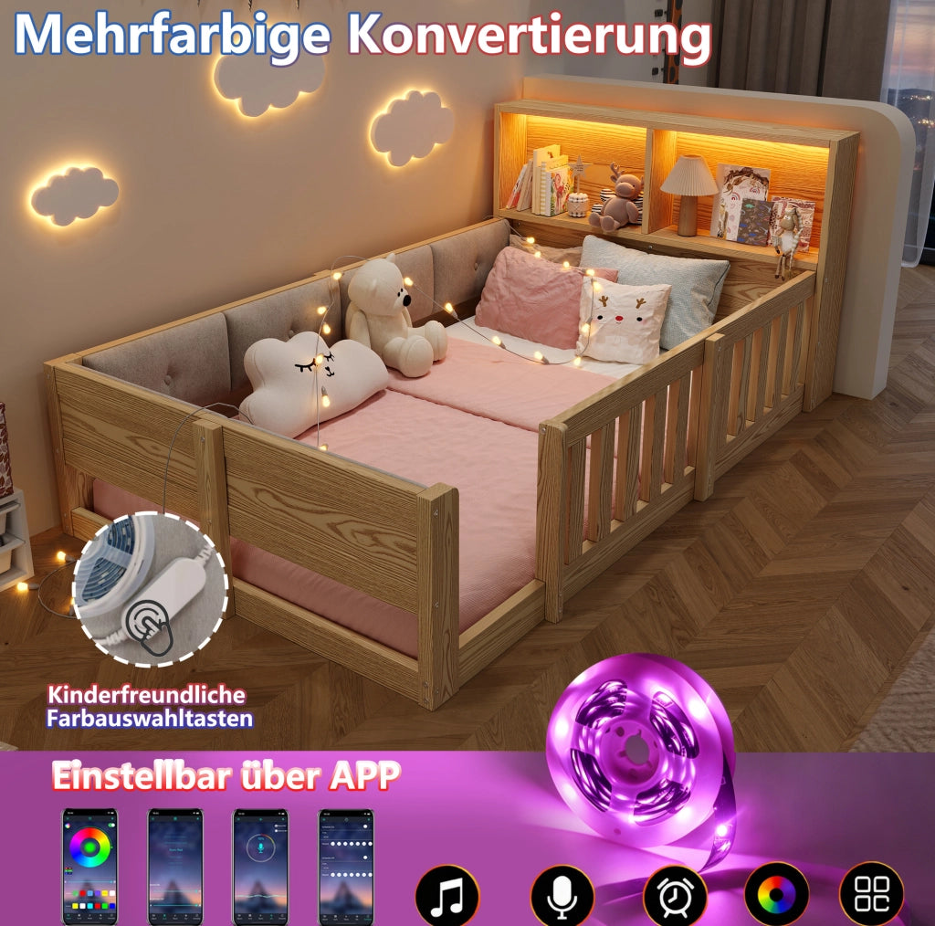 Letto per bambini 90x200 cm con sponde; testiera con spazio contenitore e luci LED; naturale