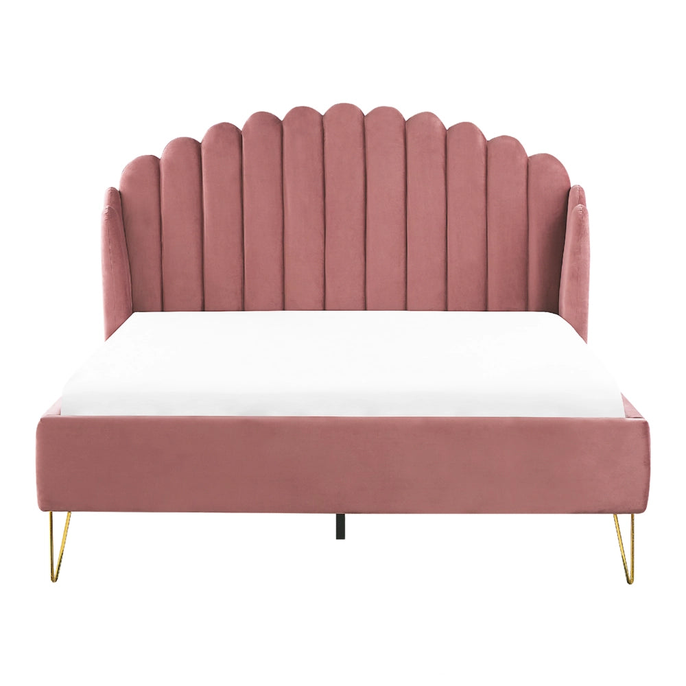 Letto con rete in velluto rosa 140 x 200 cm gambe in metallo testata retro capitonné