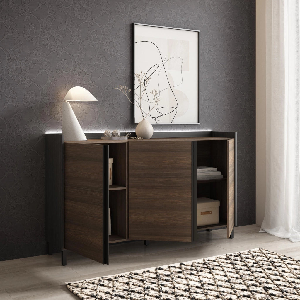 Credenza, Mobile, Cucina, 156x91x35 cm, 3 Porte, Design industriale, LED, Rovere scuro e Nero