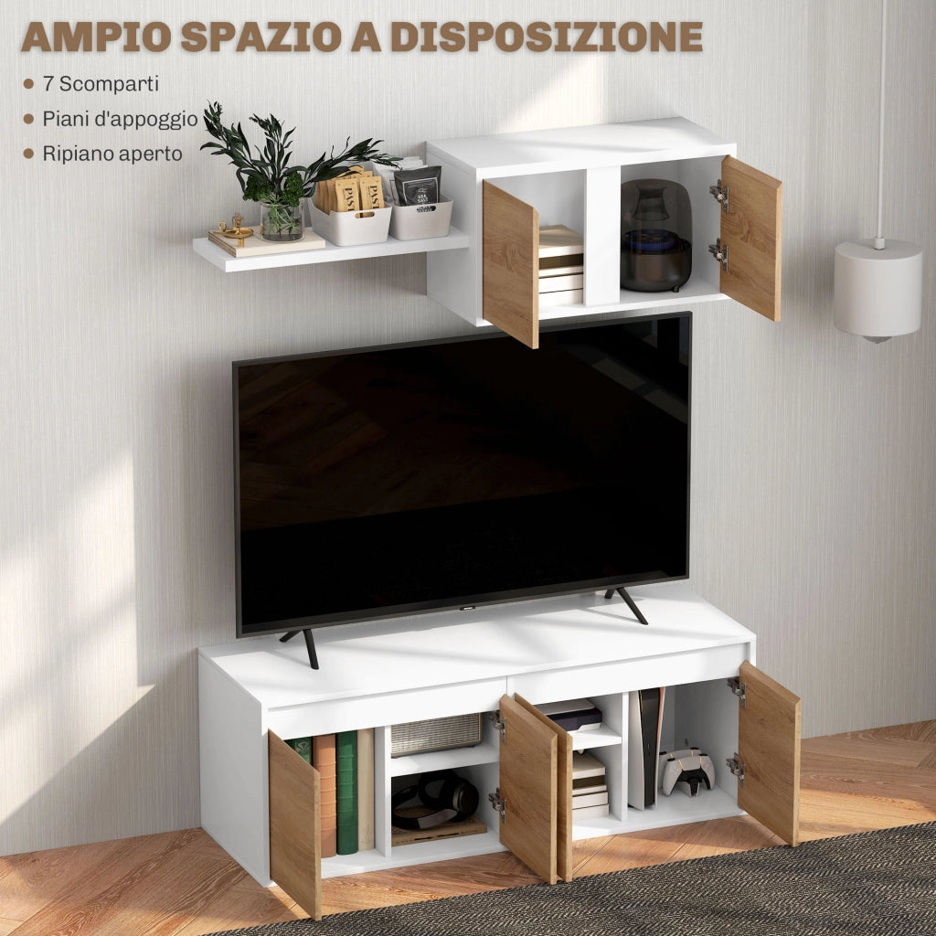 Set Mobile TV e Armadietto a Muro con 7 Ripiani e Scaffale Aperto, in Legno, 120x41x43.3 cm, Bianco e color Legno
