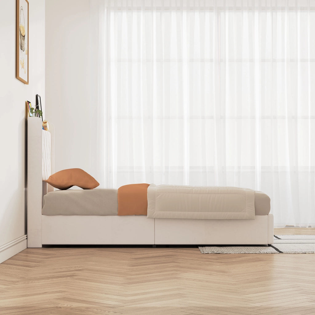 Letto singolo 90x200 cm con contenitore LED USB testiera imbottita mensole rete a doghe metallo legno velluto - beige