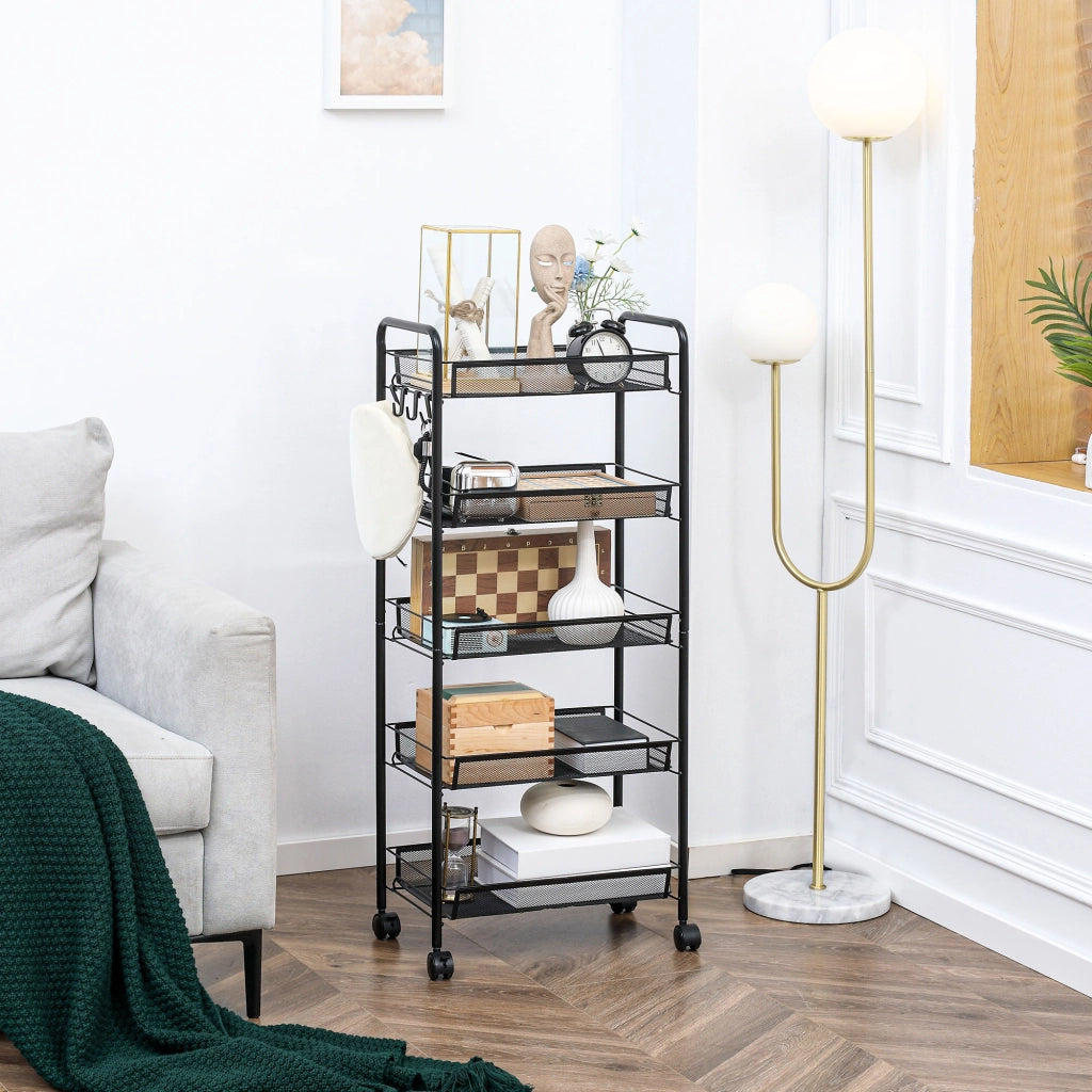 Carrello Portautensili 5 Livelli con Cestini ¨C zephmum ¨C 45x26.5x106 cm Nero
