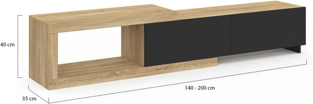 RAPHAEL Mobile TV estensibile a 2 ante in legno e nero 140-200 cm