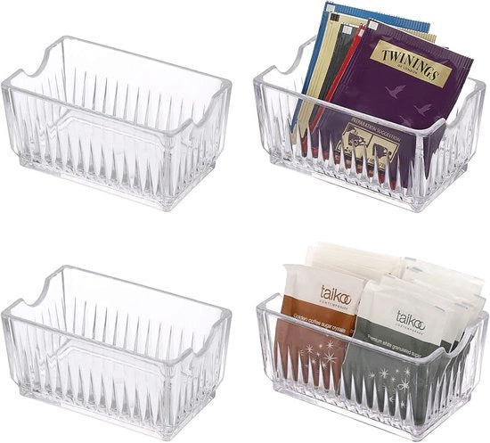 Set di 4 contenitori trasparenti per zucchero da riporre in un cassetto - Organizzatore per bustine di tè - Dispensatore per spezie da appendere - Caffè bar di stoccaggio - Contenitore per caddy di zucchero.