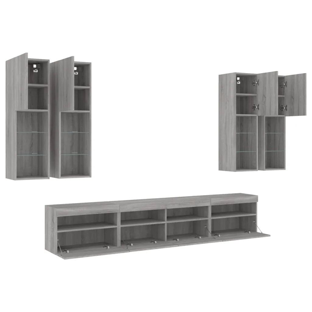 vidaXL Set Mobili TV a Muro 7 pz con Luci LED Grigio Sonoma