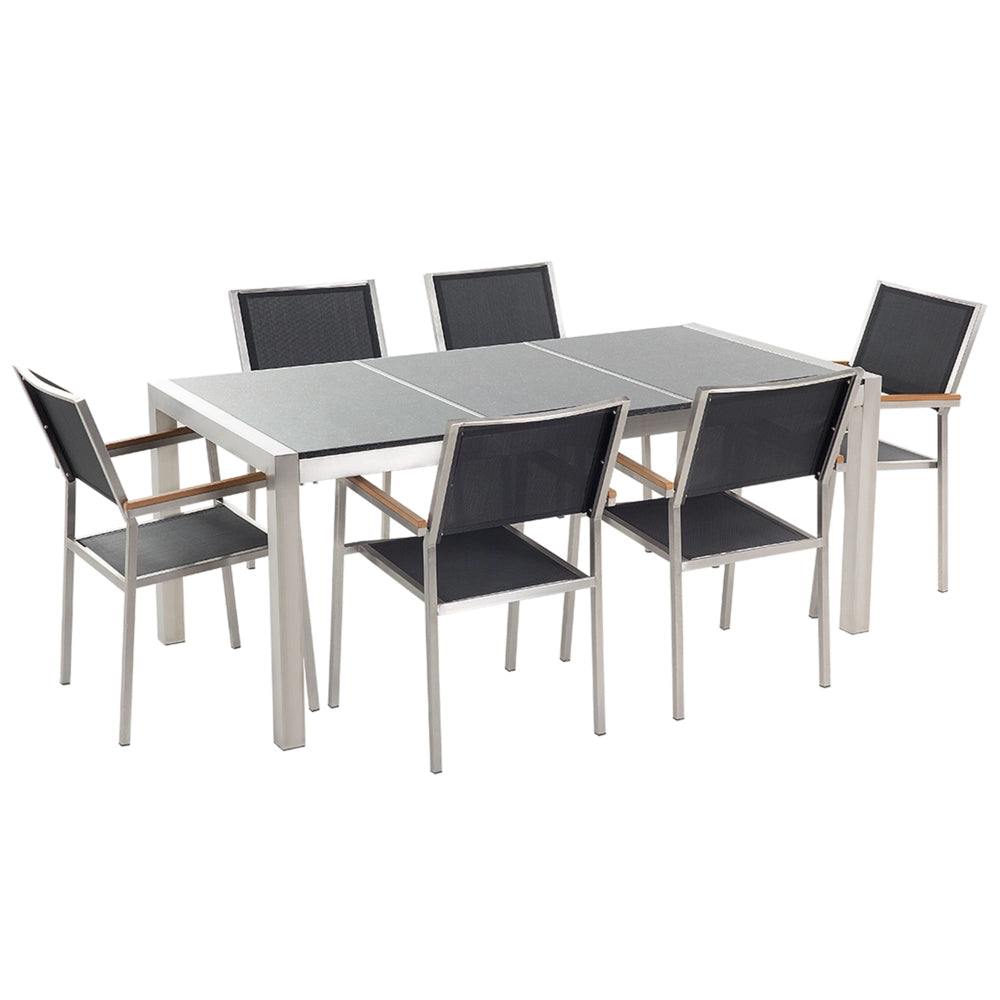 Set da pranzo da giardino Nero con piano in granito grigio 6 posti 180 x 90 cm