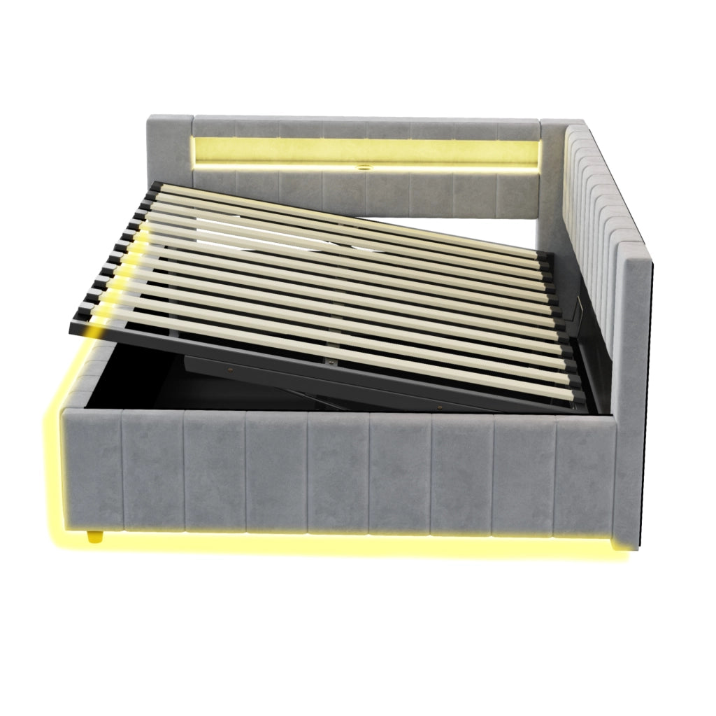Letto imbottito ULEVR 140x200 cm con contenitore idraulico, LED e USB, velluto grigio