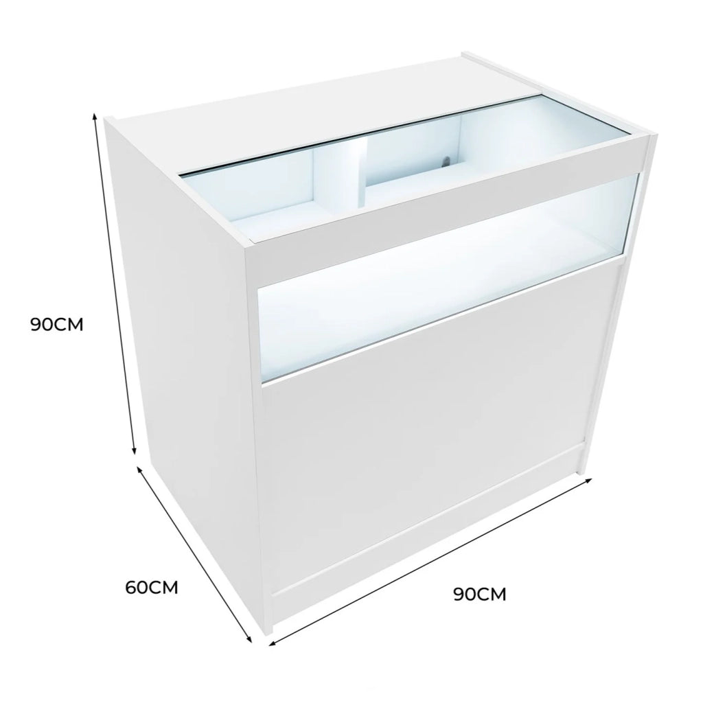 Bancone LED Bianco B900 con Vetrina, Ante Scorrevoli e Ripiani – Bloccabile