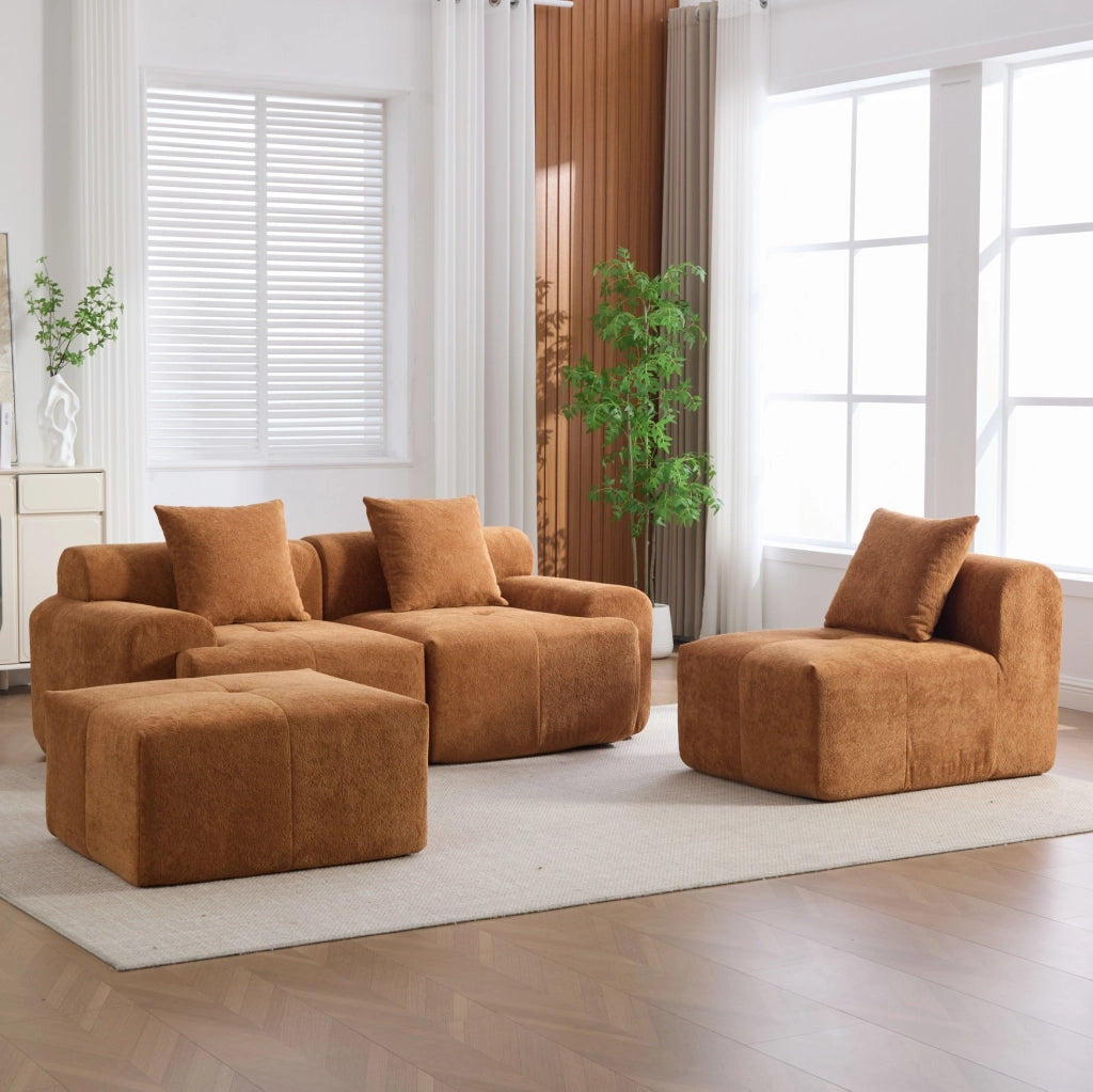 Divano modulare in tessuto a coste arancione con memory foam; 4 moduli HOMVRA