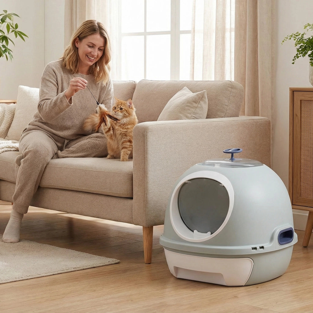 Lettiera per gatti con coperchio stile elicottero  frontale uscita ribalta-Toilette per gattini cassetto portatile piccoli medi fino a 10 kg Blu