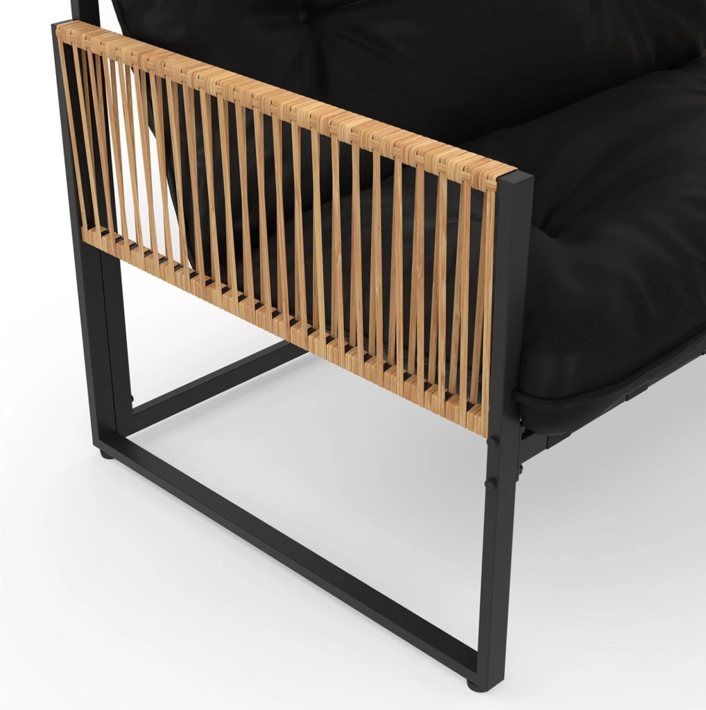 Set di mobili da Giardino Bassi Rio a 6 posti con Struttura in Metallo e Corde Effetto Rattan e Cuscini Neri