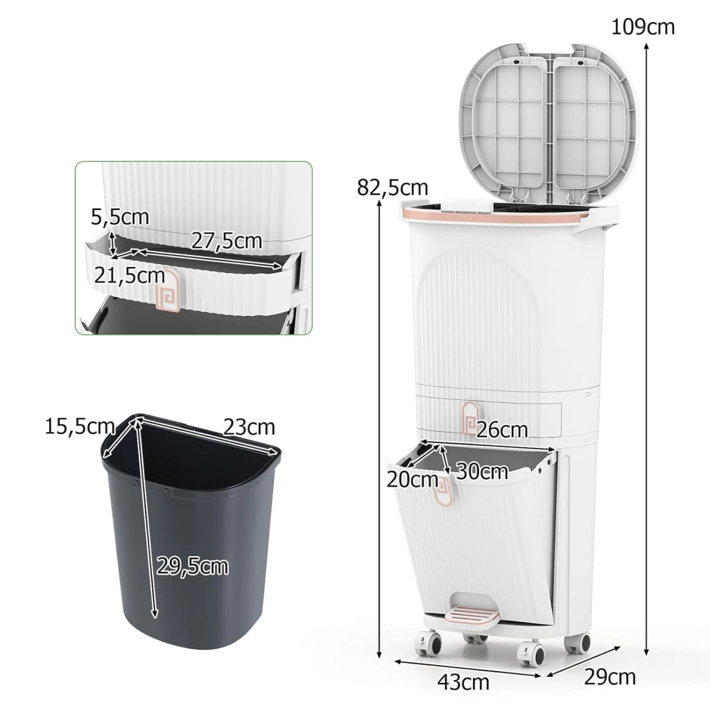 Pattumiera da Cucina 42 L, Pattumiera Verticale per il Riciclo con Ruote, 3 Contenitori Rimovibili, 1 Cassetto e Ganci, Contenitore in PP con Coperchi e Pedale, per Ufficio, Bagno (Bianco)