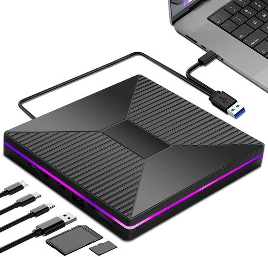 Stazione ottica con illuminazione atmosferica, lettore/bruciatore/scrivente CD-ROM, con interfacce USB/SD/TF e uscita audio, compatibile con laptop, PC, Mac, MacBook Air/Pro e lettori di disco rigido Windows 11/10 (senza Blu-ray).