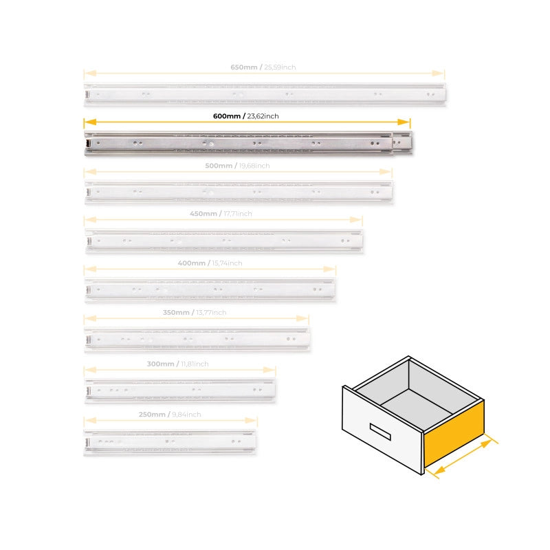 Set di guide a sfera per cassetti a estrazione totale, altezza 45 mm, L650 mm, Acciaio, Zincato bianco