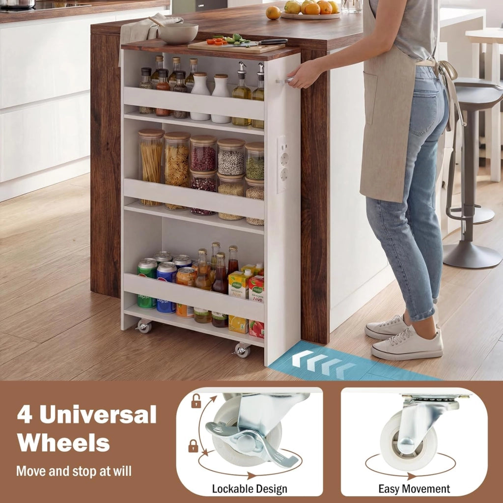 Scaffale per Nicchia da 20 cm di Larghezza, con Base di Ricarica, 4 Piani in Legno su Ruote, Scaffale Sottile per Cucina e Bagno, Carrello a Rotelle (Industriale+Bianco, Largo 20cm, con presa)