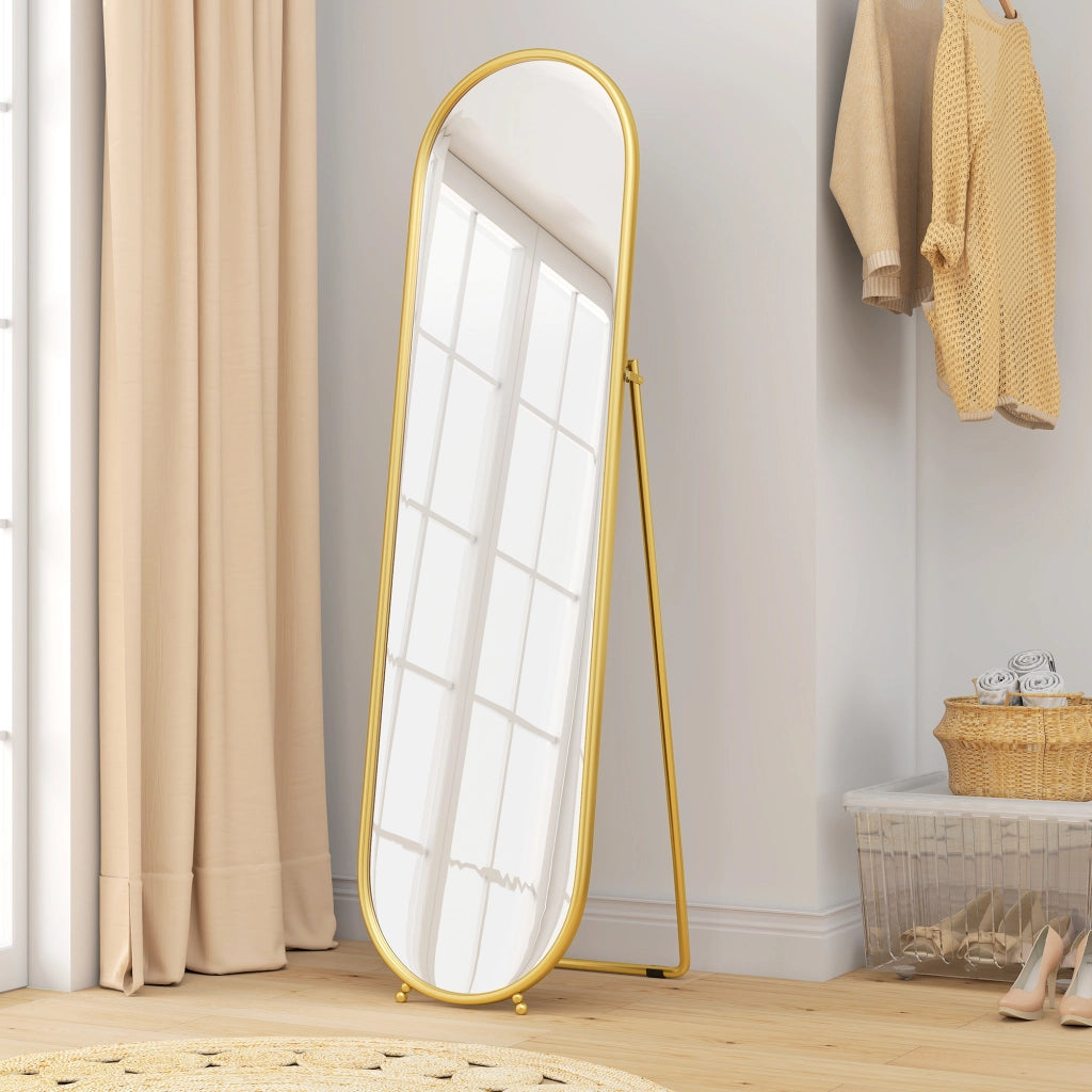 Specchio a Figura Intera da Terra 50x4x180 cm con Supporto Pieghevole in Vetro e Metallo Oro